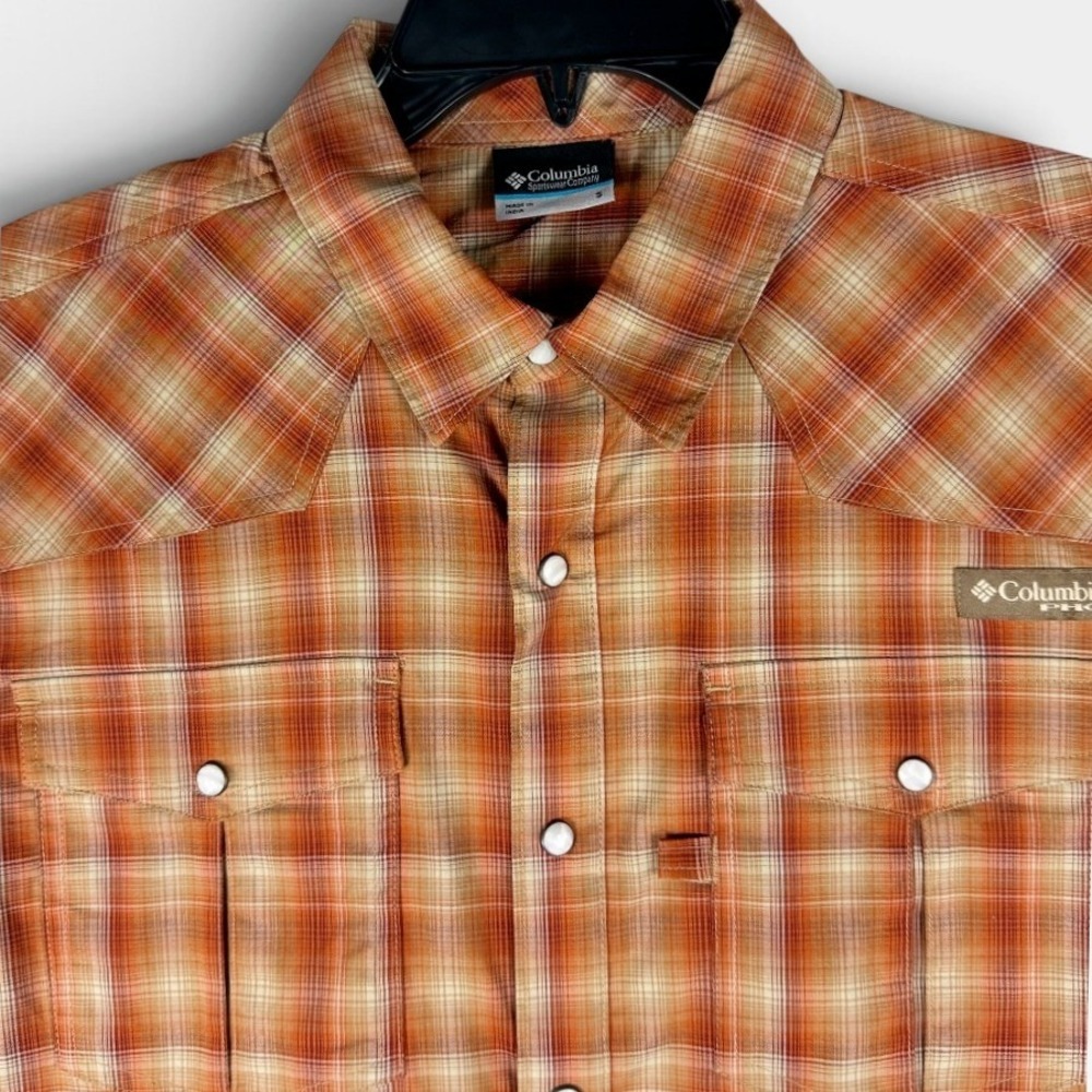 Columbia PFG Saddle Point Western Shirt Mens S Orange Plaid Snap Front NWT